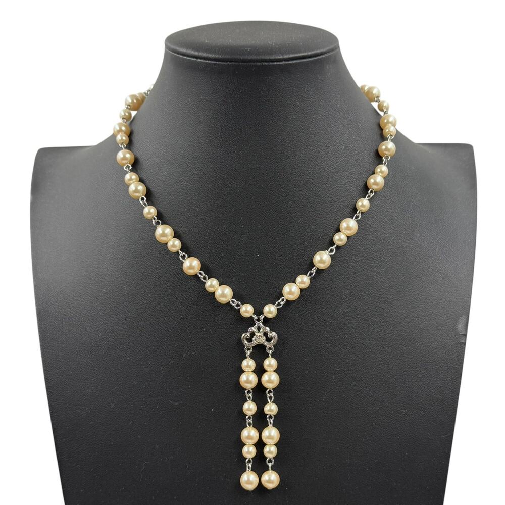 VTG Liz Claiborne 90s Faux Pearl Rosary Lariat Y Necklace Cottagecore Coquette